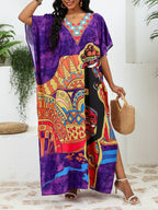 Bohemian African Print V-Neck Maxi Dress – Lightweight Summer Cover-Up with Slit