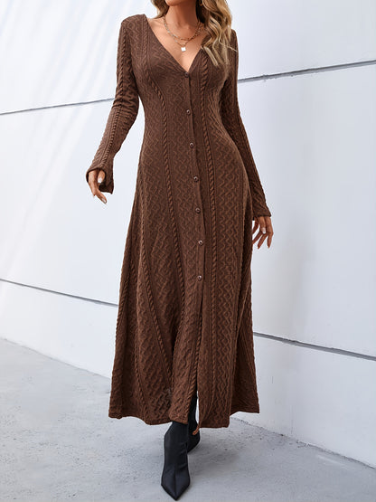 Elegant V-Neck Bodycon Dress - Women's Solid Mid Elasticity Knit Dress