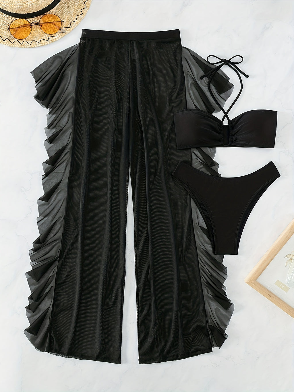 Sexy Black Mesh Bikini Set - 3-Piece Criss Cross Swimsuit for Women