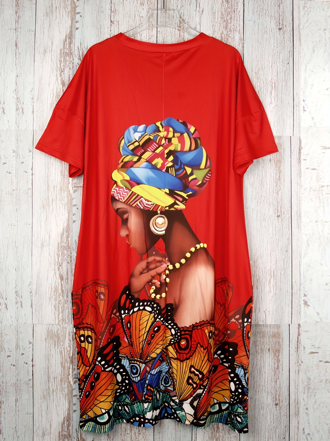 Plus Size Butterfly Print Dress – Casual V-Neck Short Sleeve Dress with Pockets for Women