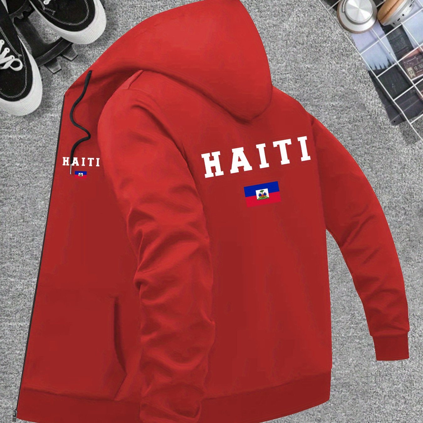 Men’s Haiti Flag Hooded Jacket – Casual Zip-Up Sportswear