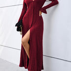 Elegant V-Neck Bodycon Dress - Women's Solid Mid Elasticity Knit Dress
