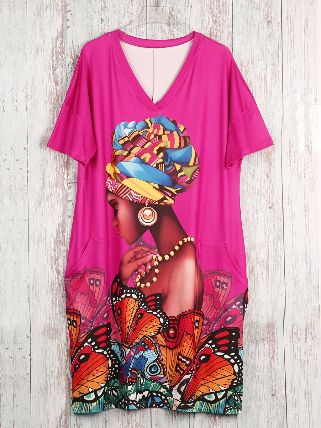 Plus Size Butterfly Print Dress – Casual V-Neck Short Sleeve Dress with Pockets for Women