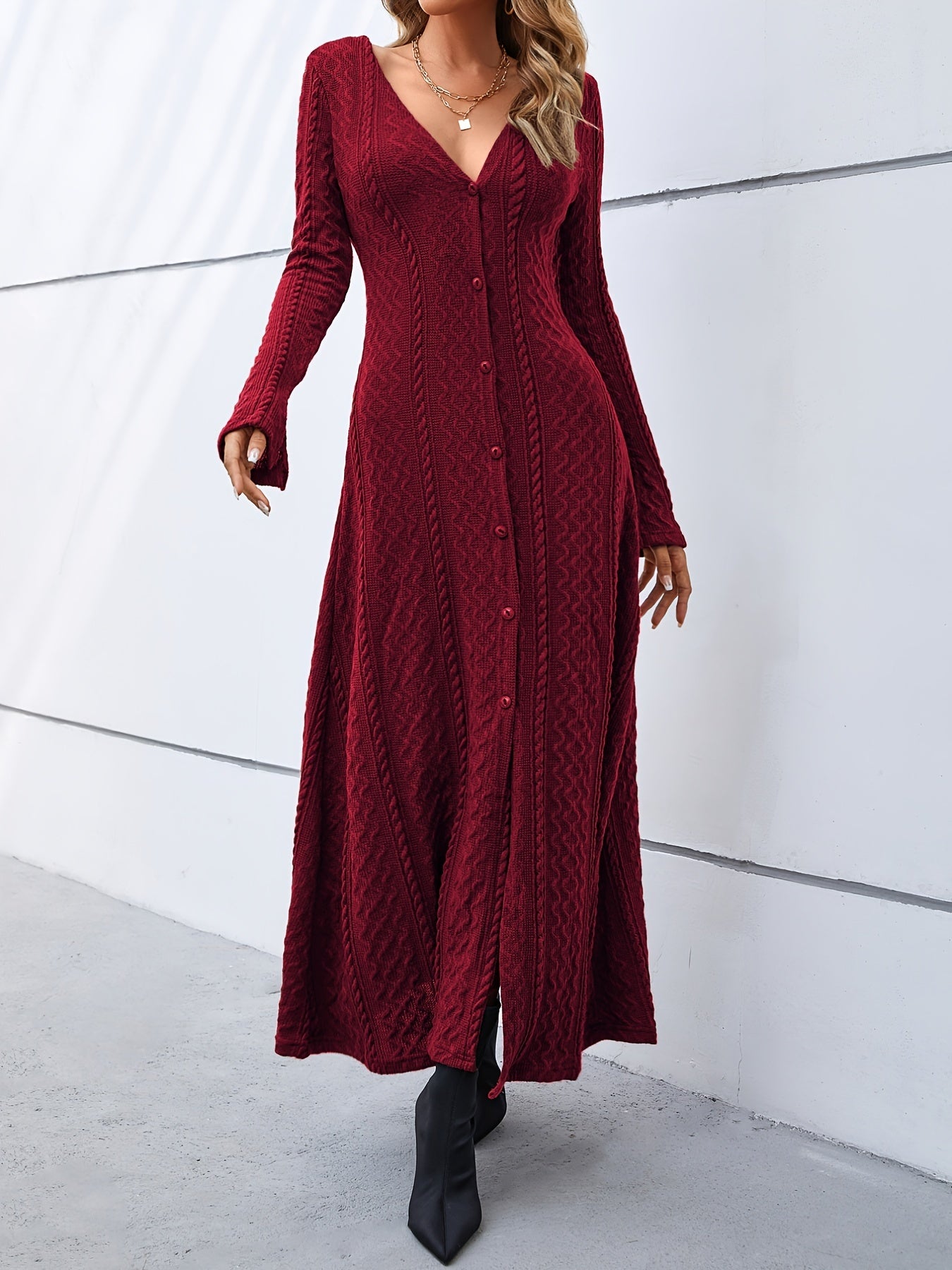 Elegant V-Neck Bodycon Dress - Women's Solid Mid Elasticity Knit Dress