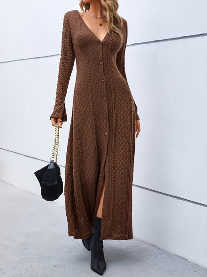 Elegant V-Neck Bodycon Dress - Women's Solid Mid Elasticity Knit Dress