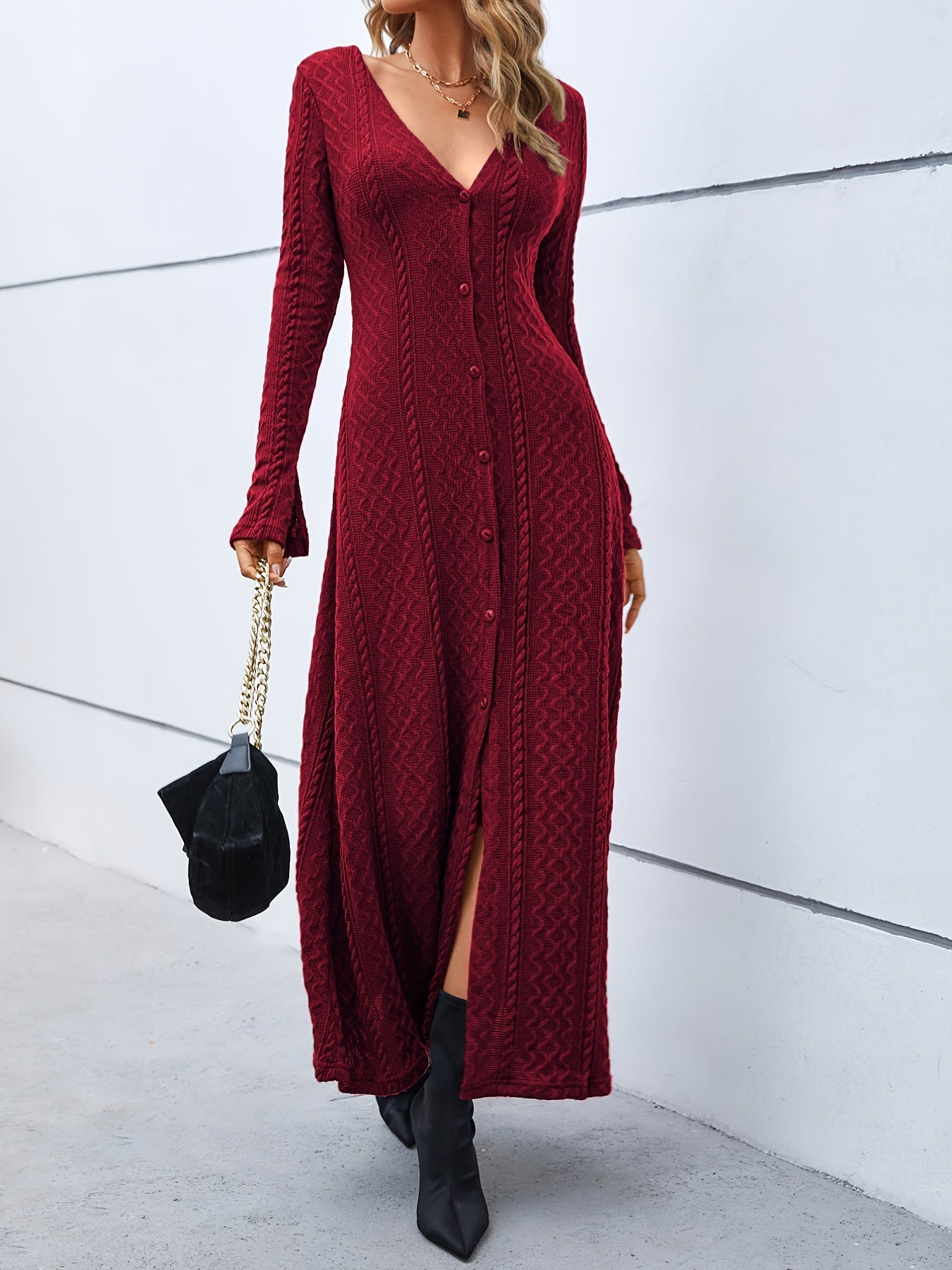 Elegant V-Neck Bodycon Dress - Women's Solid Mid Elasticity Knit Dress