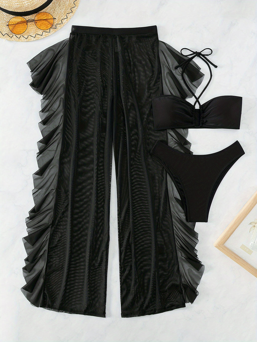 Sexy Black Mesh Bikini Set - 3-Piece Criss Cross Swimsuit for Women