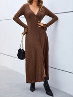 Elegant V-Neck Bodycon Dress - Women's Solid Mid Elasticity Knit Dress